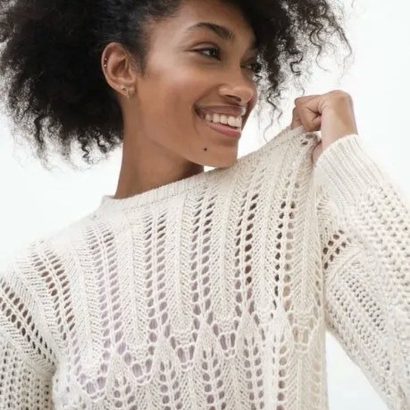 Aeropostale Pointelle Crochet Knit Ivory Crew Sweater Small Boho Chunky Cozy - Picture 2 of 9
